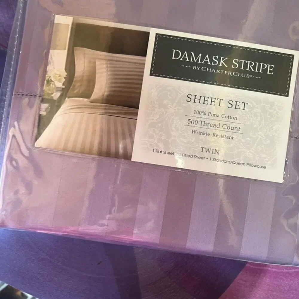 Charter Club Damask Stripe Sheet Set Pima Cotton Twin Purple NEW